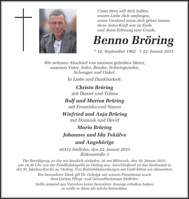  Traueranzeige für Benno Bröring vom 24.01.2015 aus Münstersche Zeitung und Münsterland Zeitung