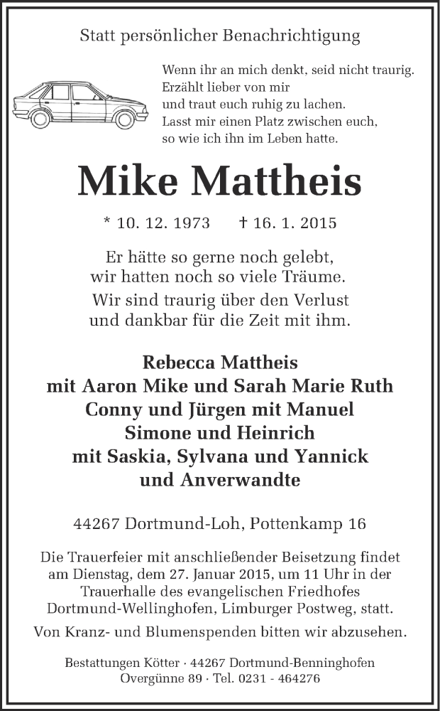  Traueranzeige für Mike Mattheis vom 23.01.2015 aus Ruhr Nachrichten