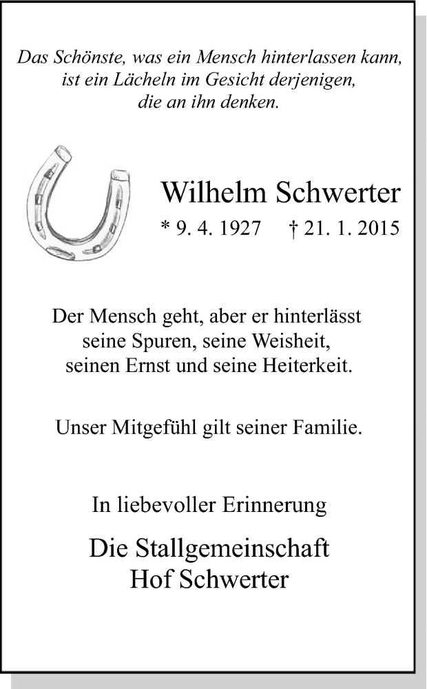  Traueranzeige für Wilhelm Schwerter vom 24.01.2015 aus Ruhr Nachrichten