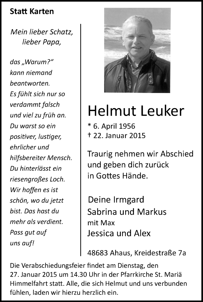  Traueranzeige für Helmut Leuker vom 24.01.2015 aus Münstersche Zeitung und Münsterland Zeitung