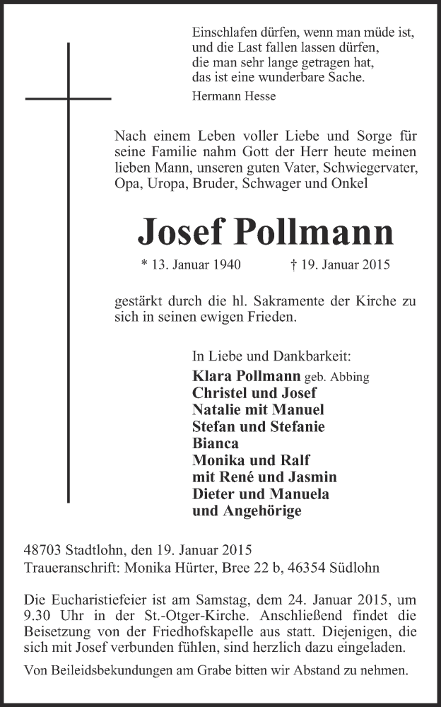  Traueranzeige für Josef Pollmann vom 21.01.2015 aus Münstersche Zeitung und Münsterland Zeitung