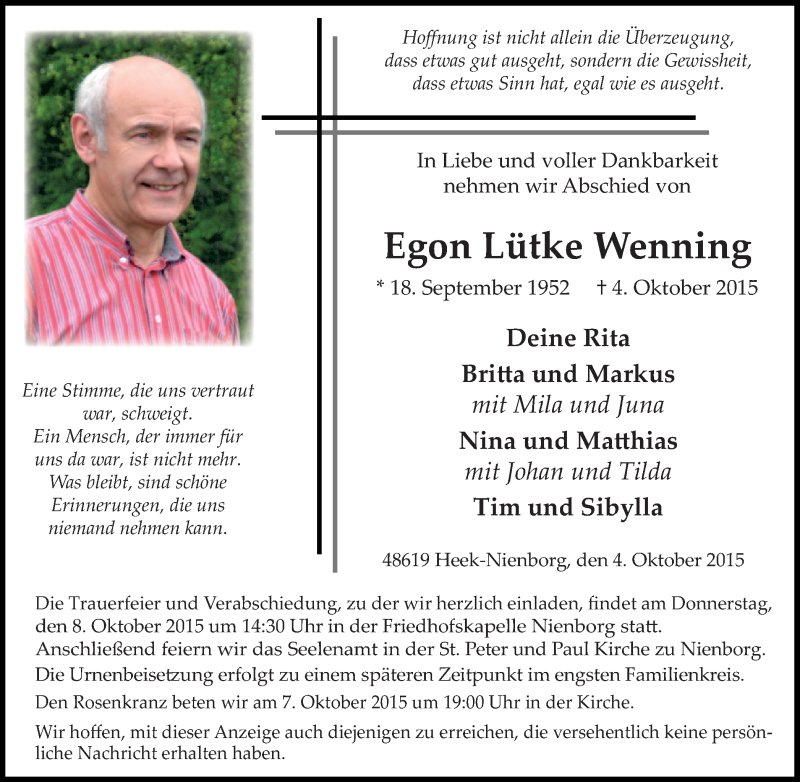  Traueranzeige für Egon Lütke Wenning vom 06.10.2015 aus 