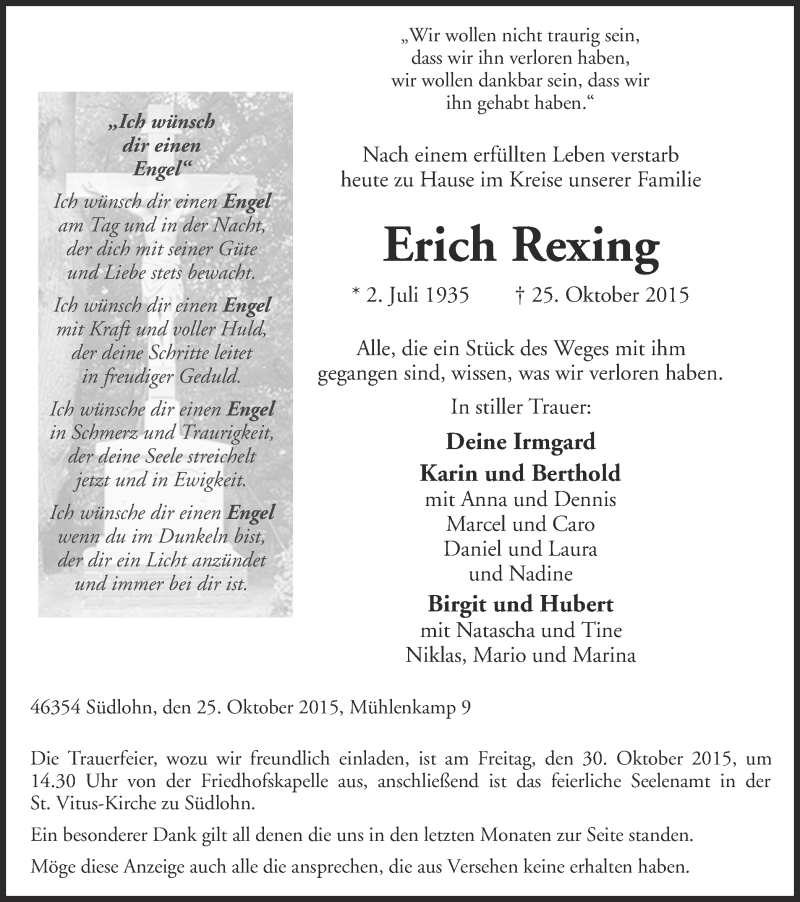  Traueranzeige für Erich Rexing vom 28.10.2015 aus Münstersche Zeitung und Münsterland Zeitung