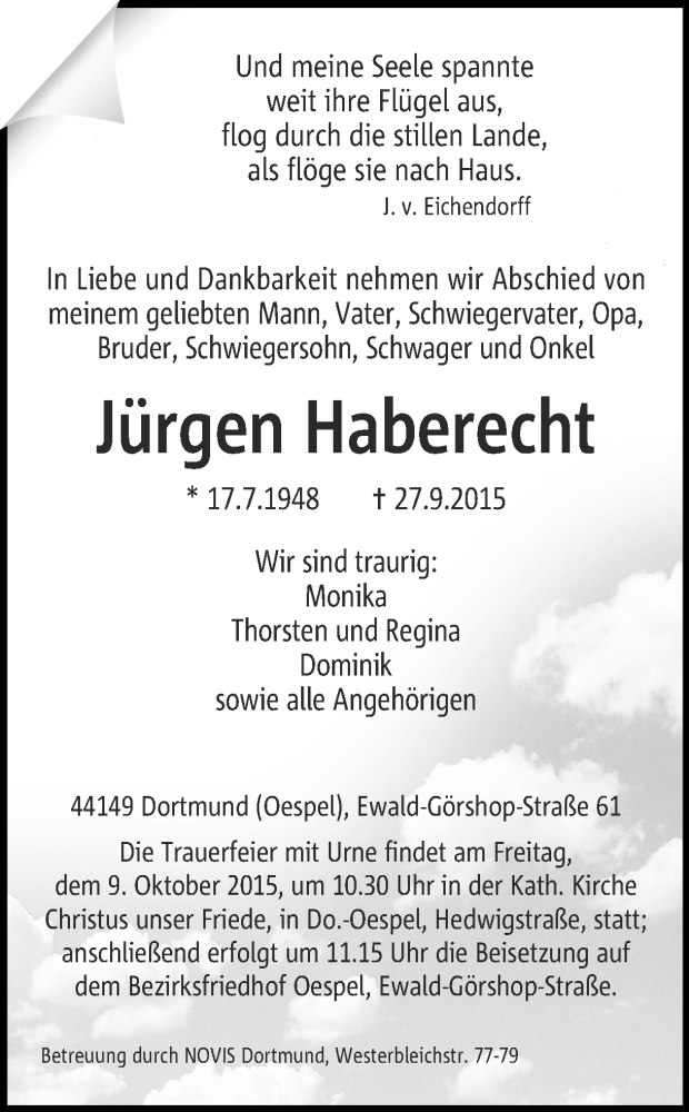  Traueranzeige für Jürgen Haberecht vom 03.10.2015 aus Ruhr Nachrichten