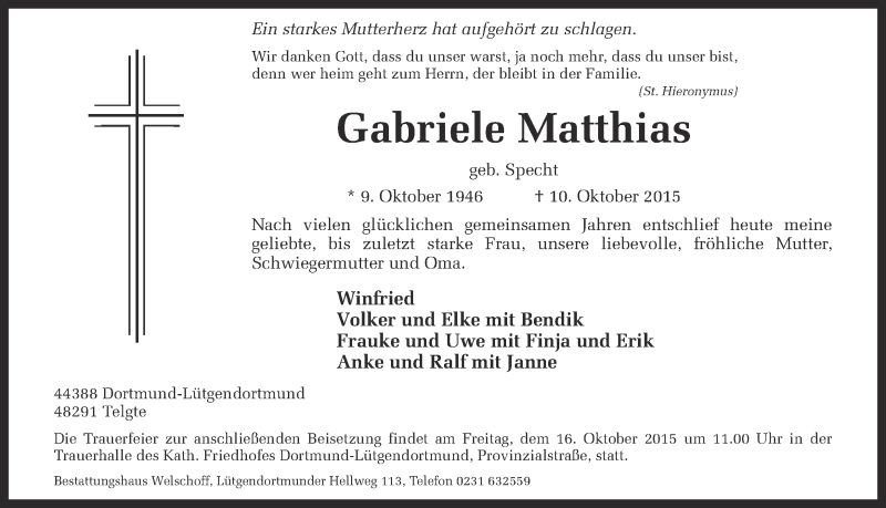  Traueranzeige für Gabriele Matthias vom 15.10.2015 aus Ruhr Nachrichten