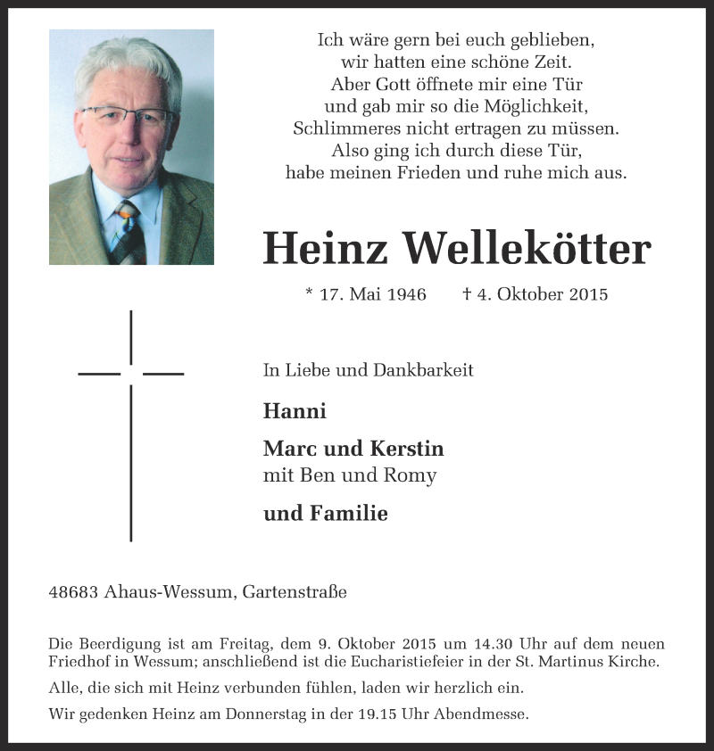  Traueranzeige für Heinz Wellekötter vom 06.10.2015 aus Münstersche Zeitung und Münsterland Zeitung