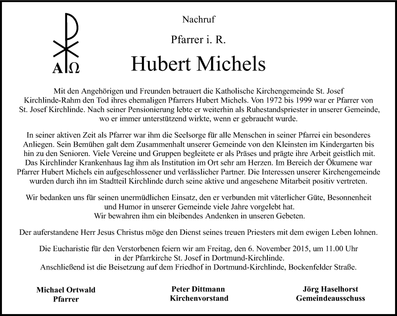  Traueranzeige für Hubert Michels vom 05.11.2015 aus Ruhr Nachrichten