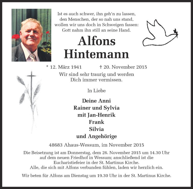  Traueranzeige für Alfons Hintemann vom 23.11.2015 aus Münstersche Zeitung und Münsterland Zeitung