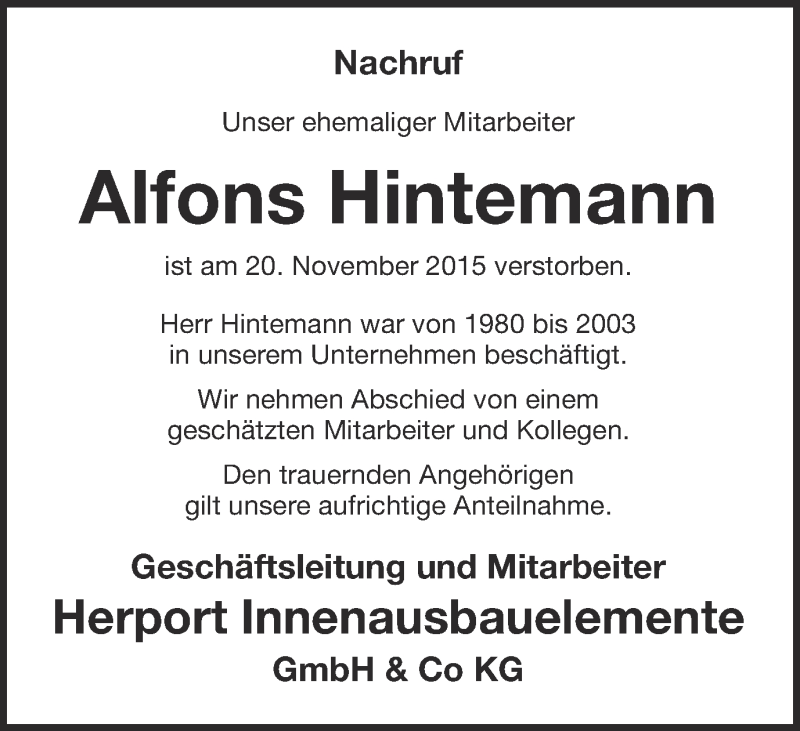  Traueranzeige für Alfons Hintemann vom 26.11.2015 aus Münstersche Zeitung und Münsterland Zeitung