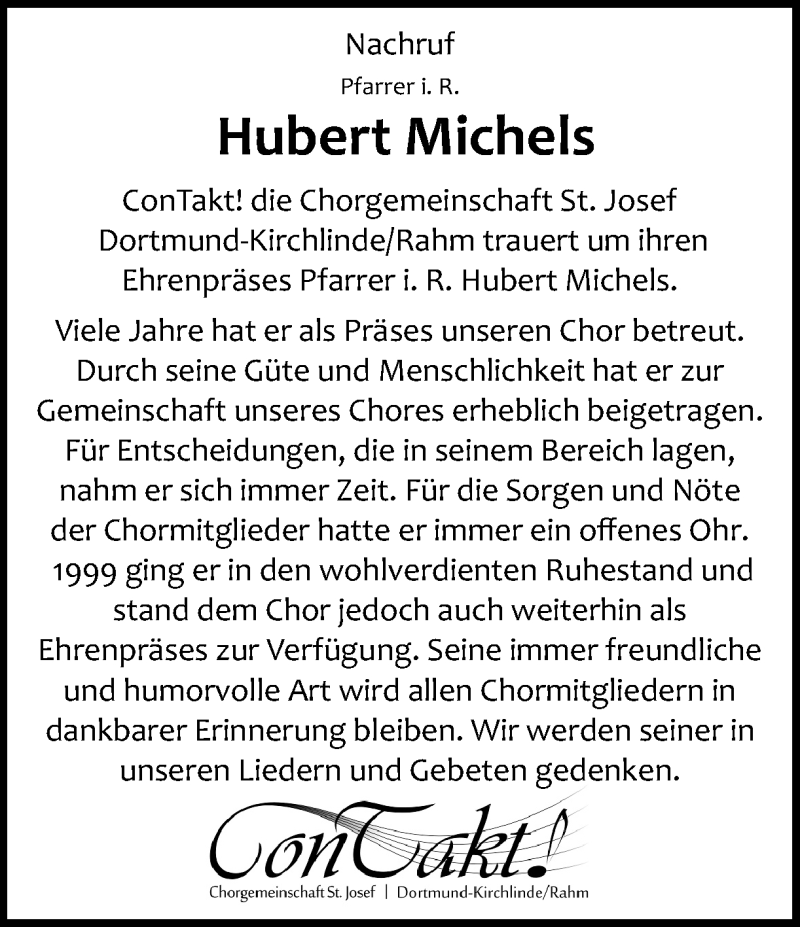  Traueranzeige für Hubert Michels vom 07.11.2015 aus Ruhr Nachrichten