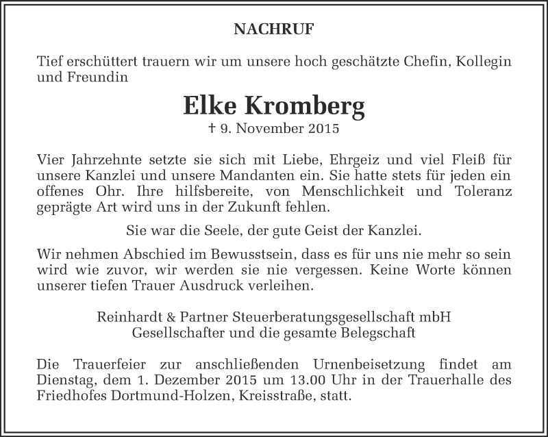  Traueranzeige für Elke Kromberg vom 27.11.2015 aus Ruhr Nachrichten