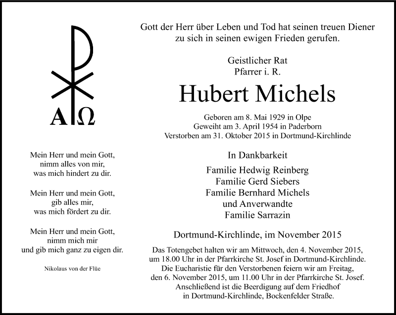  Traueranzeige für Hubert Michels vom 03.11.2015 aus Ruhr Nachrichten