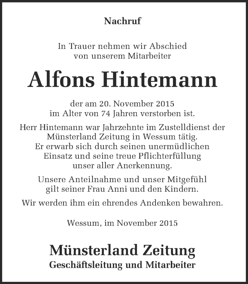  Traueranzeige für Alfons Hintemann vom 24.11.2015 aus Münstersche Zeitung und Münsterland Zeitung