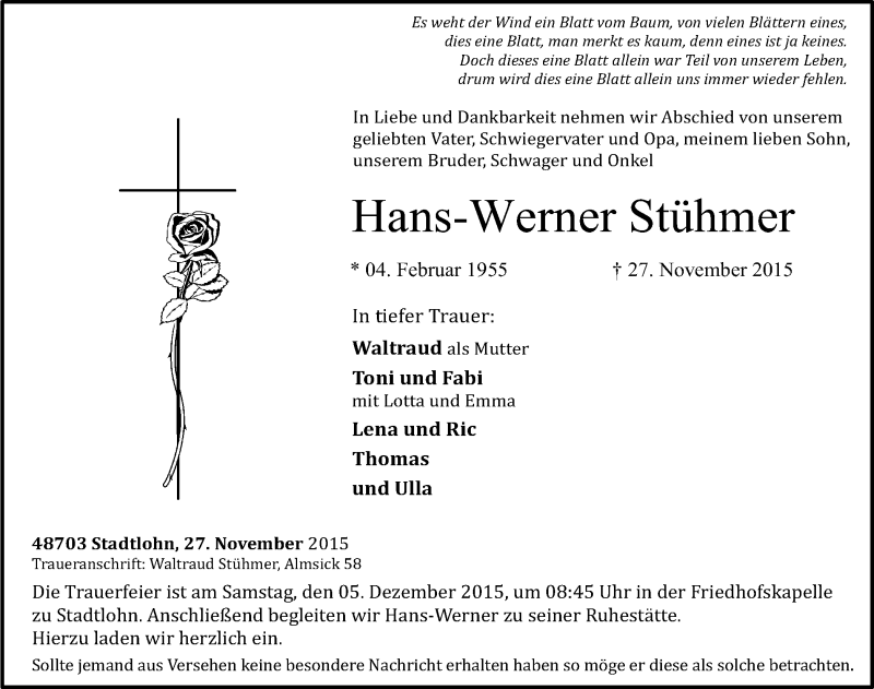 Traueranzeige für Hans-Werner Stühmer vom 01.12.2015 aus Münstersche Zeitung und Münsterland Zeitung