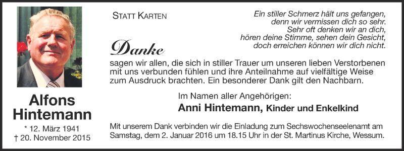  Traueranzeige für Alfons Hintemann vom 30.12.2015 aus Münstersche Zeitung und Münsterland Zeitung