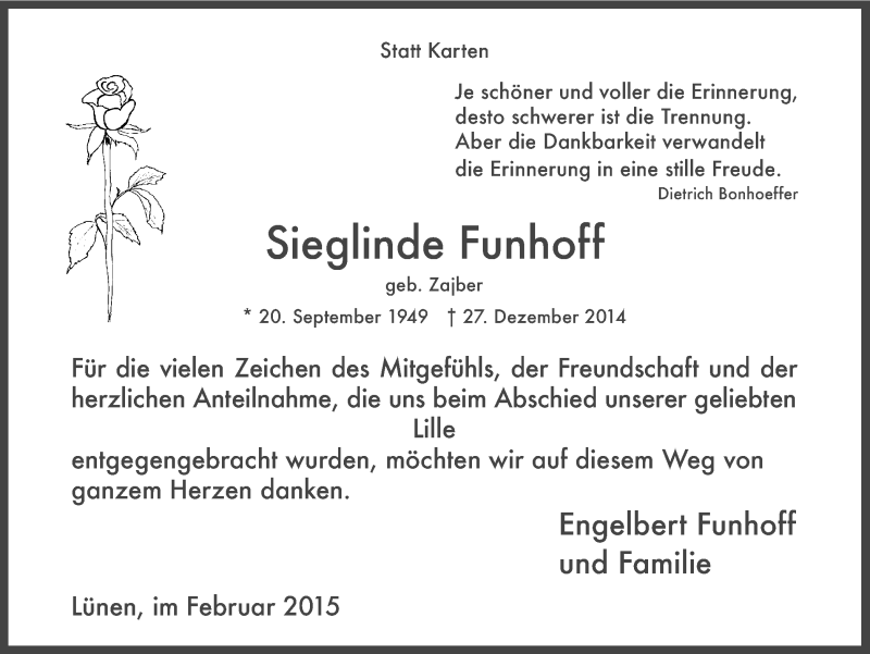 Traueranzeige für Sieglinde Funhoff vom 28.02.2015 aus Ruhr Nachrichten