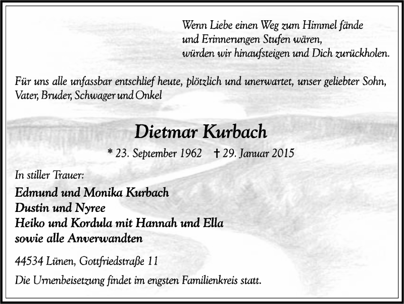  Traueranzeige für Dietmar Kurbach vom 04.02.2015 aus Ruhr Nachrichten