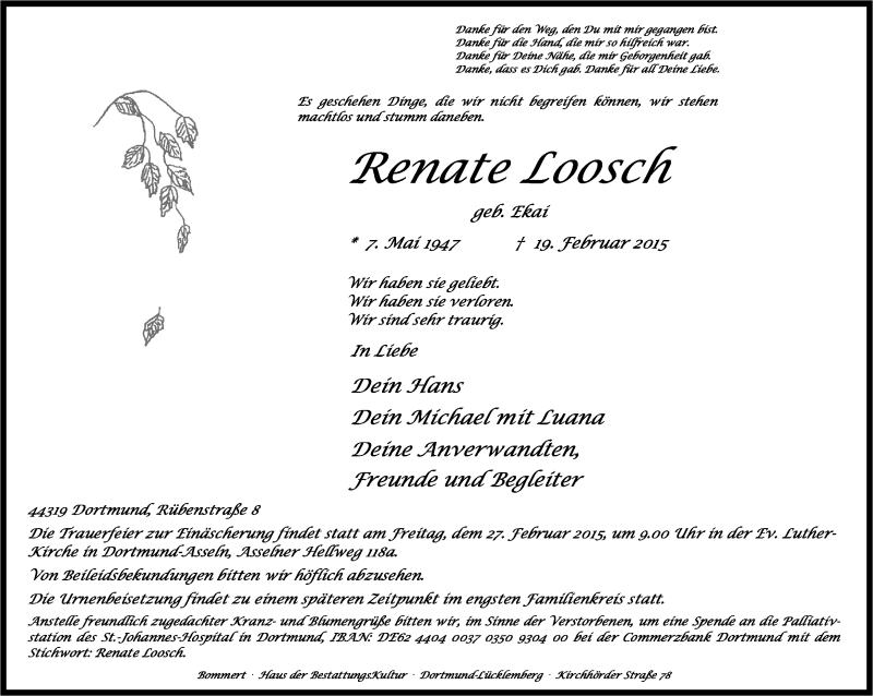  Traueranzeige für Renate Loosch vom 24.02.2015 aus Ruhr Nachrichten