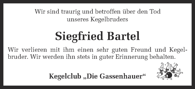  Traueranzeige für Siegfried Bartel vom 14.02.2015 aus Münstersche Zeitung und Münsterland Zeitung