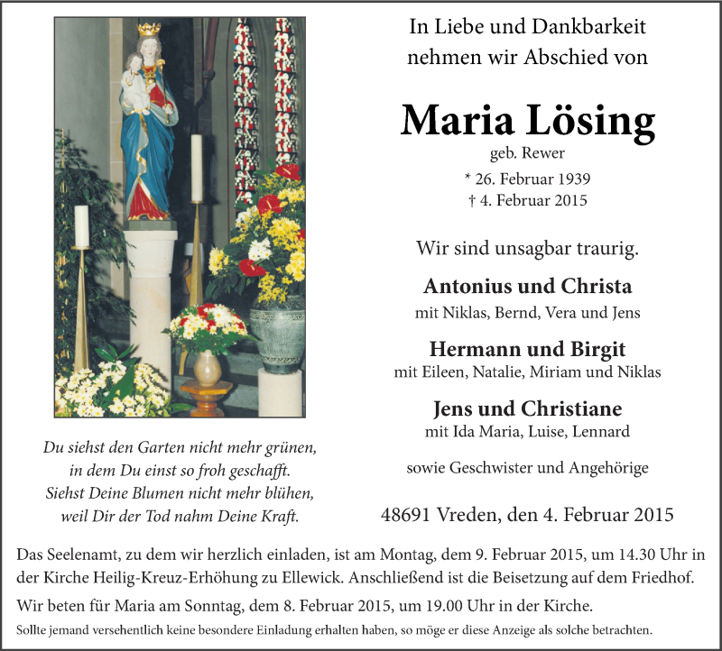  Traueranzeige für Maria Lösing vom 07.02.2015 aus Münstersche Zeitung und Münsterland Zeitung