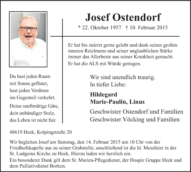  Traueranzeige für Josef Ostendorf vom 12.02.2015 aus Münstersche Zeitung und Münsterland Zeitung