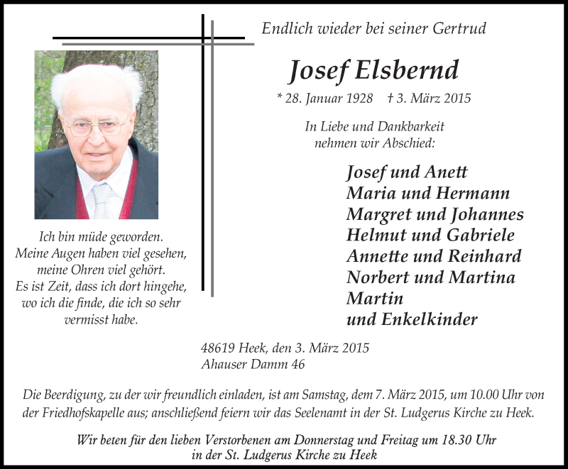  Traueranzeige für Josef Elsbernd vom 05.03.2015 aus Münstersche Zeitung und Münsterland Zeitung