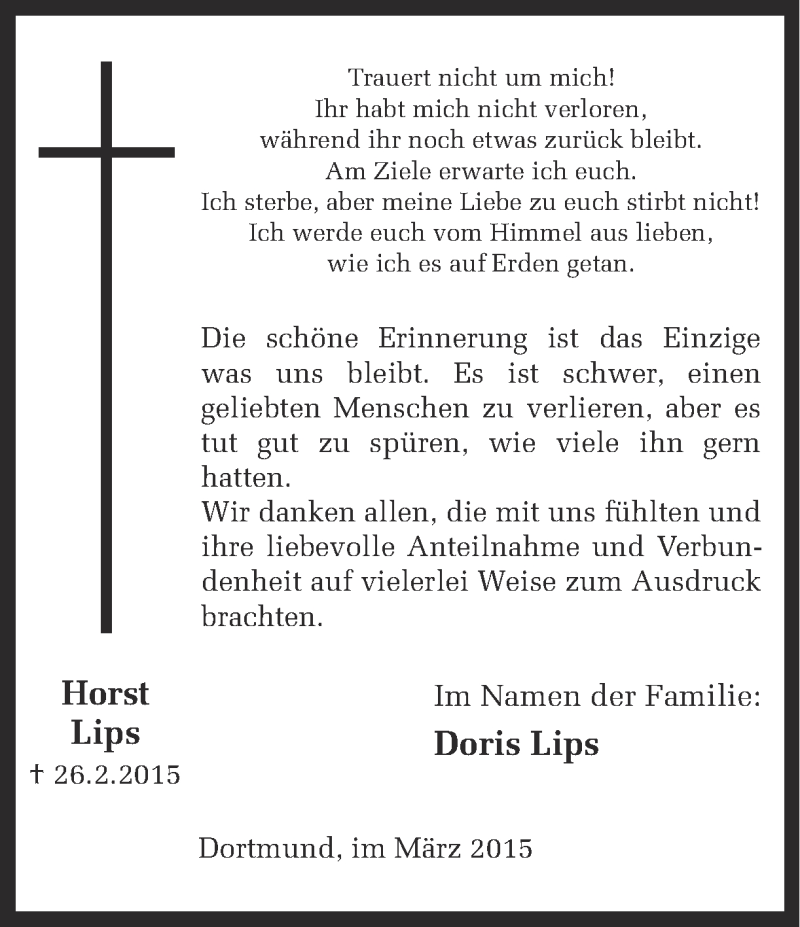  Traueranzeige für Horst Lips vom 28.03.2015 aus Ruhr Nachrichten