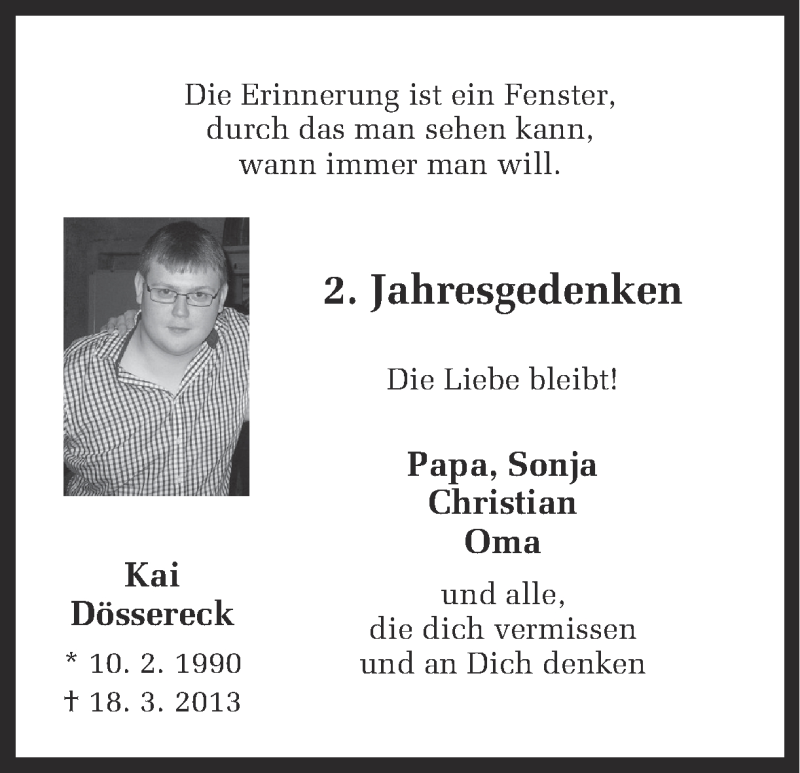  Traueranzeige für Kai Dössereck vom 18.03.2015 aus Ruhr Nachrichten