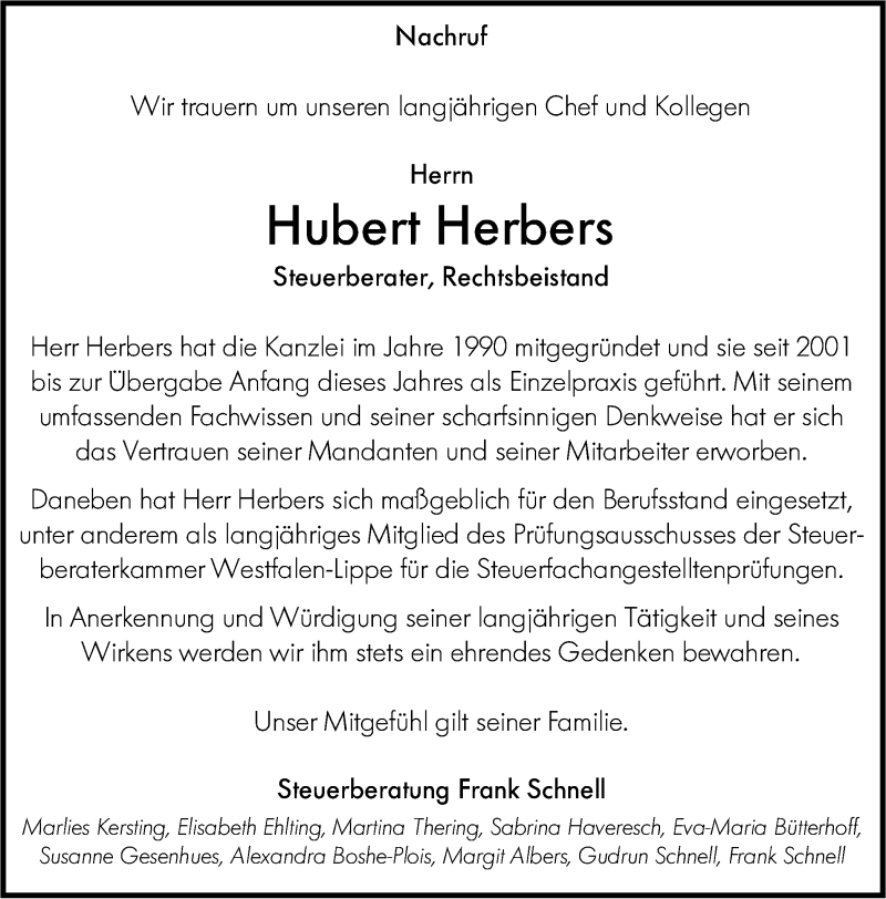  Traueranzeige für Hubert Herbers vom 13.03.2015 aus Münstersche Zeitung und Münsterland Zeitung