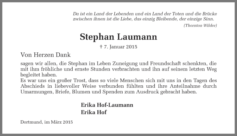 Traueranzeige für Stephan Laumann vom 07.03.2015 aus Ruhr Nachrichten