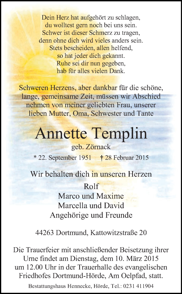  Traueranzeige für Annette Templin vom 05.03.2015 aus Ruhr Nachrichten