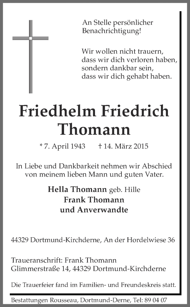  Traueranzeige für Friedhelm Friedrich Thomann vom 21.03.2015 aus Ruhr Nachrichten