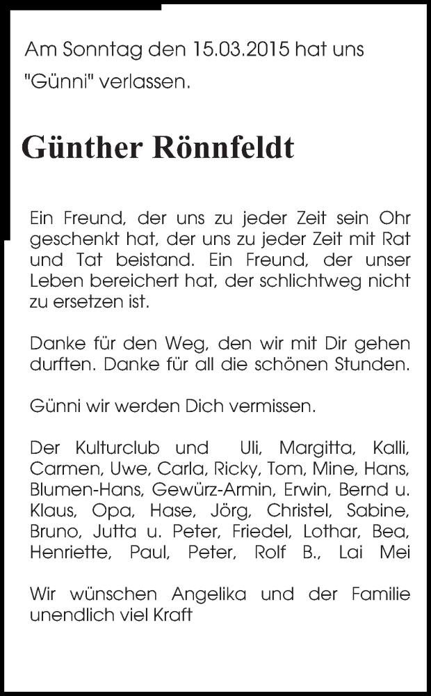  Traueranzeige für Günther Rönnfeldt vom 19.03.2015 aus Ruhr Nachrichten