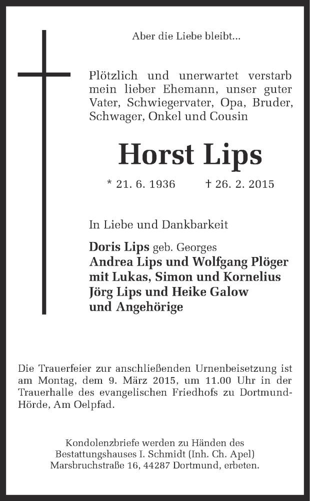  Traueranzeige für Horst Lips vom 04.03.2015 aus Ruhr Nachrichten