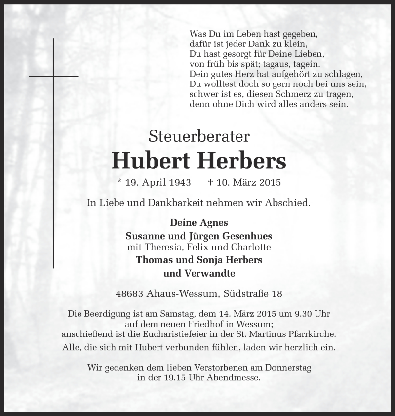  Traueranzeige für Hubert Herbers vom 12.03.2015 aus Münstersche Zeitung und Münsterland Zeitung