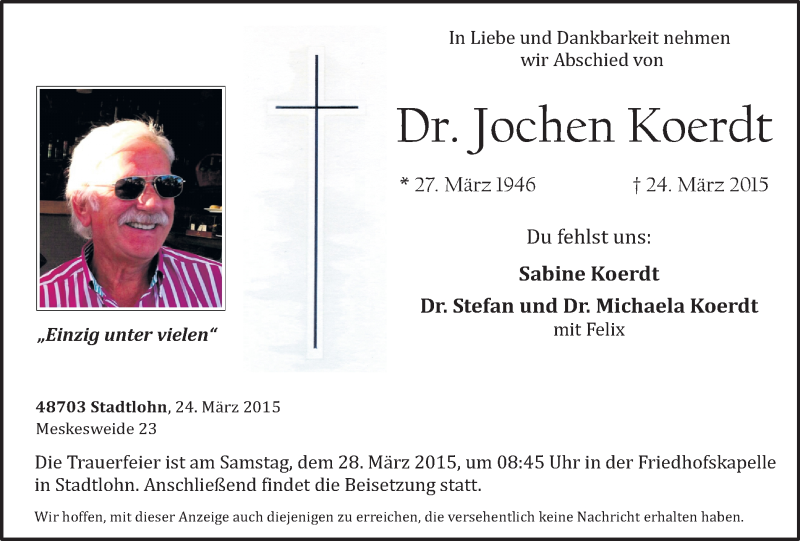  Traueranzeige für Jochen Koerdt vom 26.03.2015 aus Münstersche Zeitung und Münsterland Zeitung