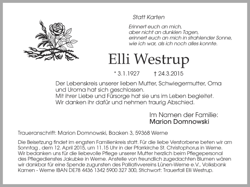  Traueranzeige für Elli Westrup vom 28.03.2015 aus Ruhr Nachrichten