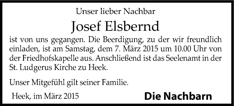  Traueranzeige für Josef Elsbernd vom 06.03.2015 aus Münstersche Zeitung und Münsterland Zeitung