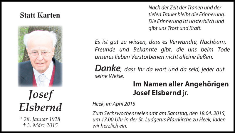  Traueranzeige für Josef Elsbernd vom 15.04.2015 aus Münstersche Zeitung und Münsterland Zeitung