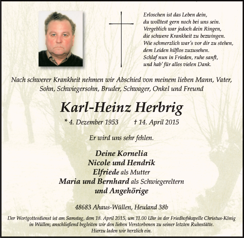 Traueranzeige für Karl-Heinz Herbrig vom 16.04.2015 aus Münstersche Zeitung und Münsterland Zeitung