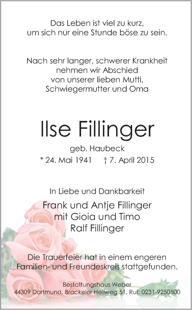  Traueranzeige für Ilse Fillinger vom 18.04.2015 aus Ruhr Nachrichten