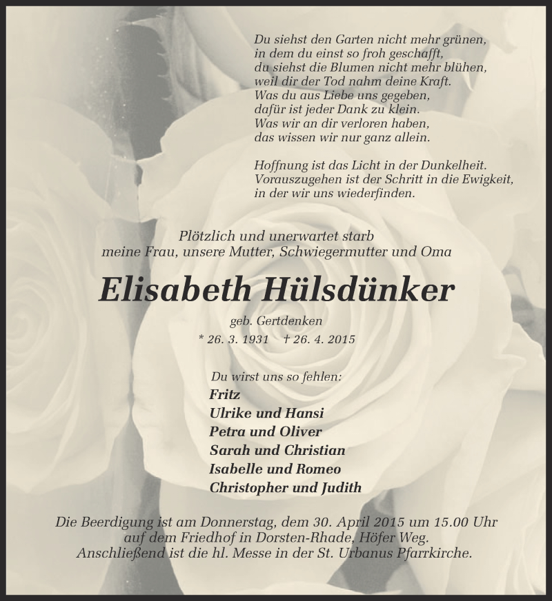  Traueranzeige für Elisabeth Hülsdünker vom 28.04.2015 aus Ruhr Nachrichten und Dorstener Zeitung