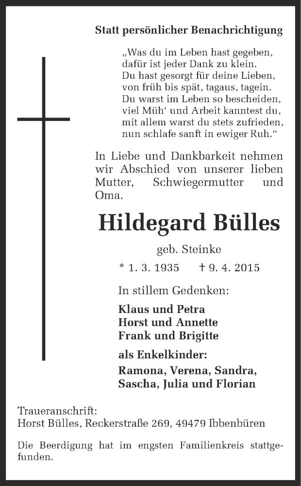 Traueranzeige für Hildegard Bülles vom 18.04.2015 aus Ruhr Nachrichten