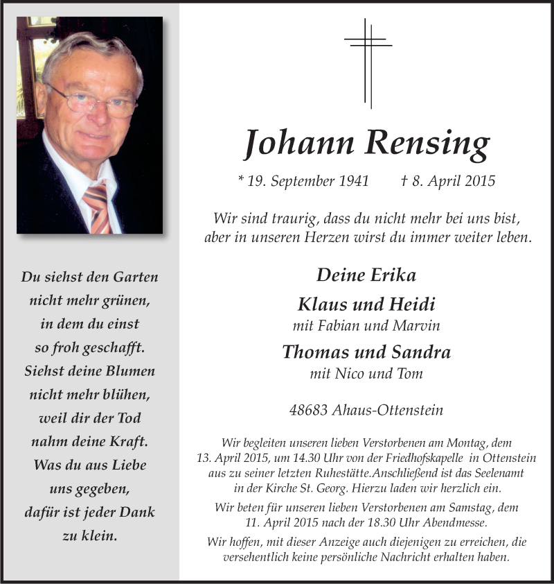  Traueranzeige für Johann Rensing vom 10.04.2015 aus Münstersche Zeitung und Münsterland Zeitung
