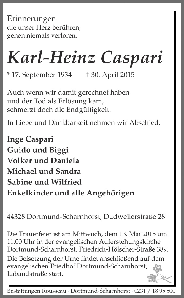  Traueranzeige für Karl-Heinz Caspari vom 06.05.2015 aus Ruhr Nachrichten