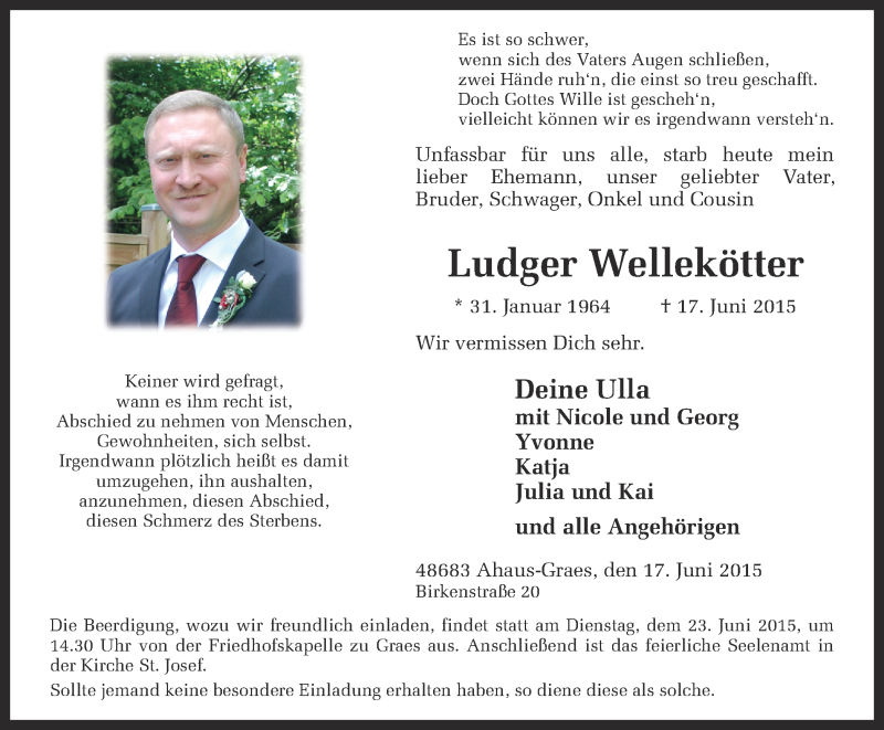  Traueranzeige für Ludger Wellekötter vom 19.06.2015 aus Münstersche Zeitung und Münsterland Zeitung