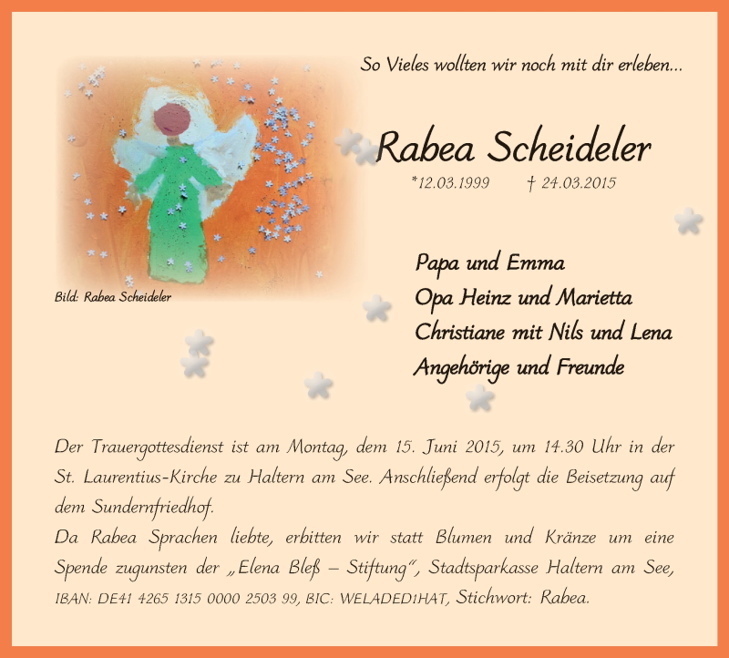  Traueranzeige für Rabea Scheideler vom 11.06.2015 aus Ruhr Nachrichten und Halterner Zeitung