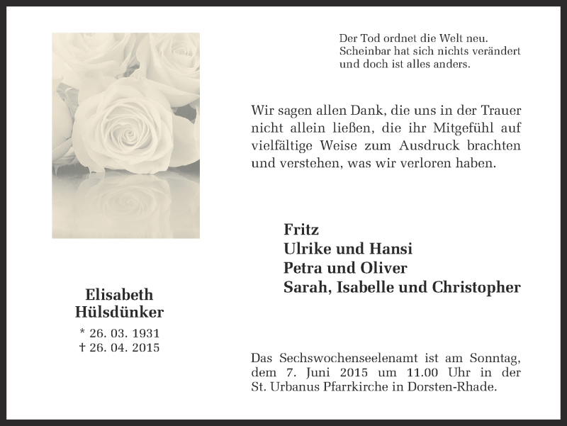  Traueranzeige für Elisabeth Hülsdünker vom 03.06.2015 aus Ruhr Nachrichten und Dorstener Zeitung