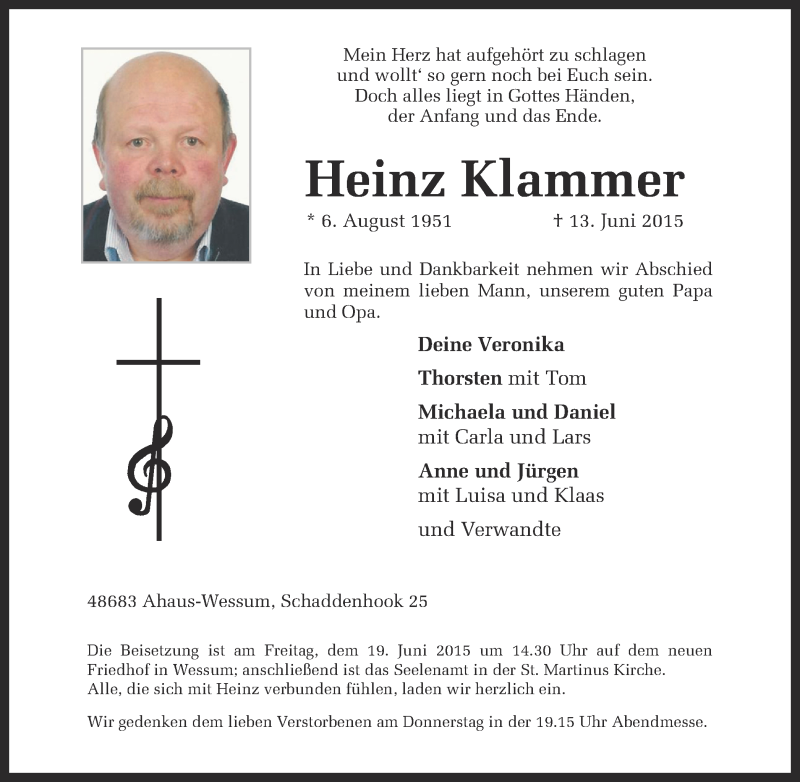  Traueranzeige für Heinz Klammer vom 16.06.2015 aus Münstersche Zeitung und Münsterland Zeitung