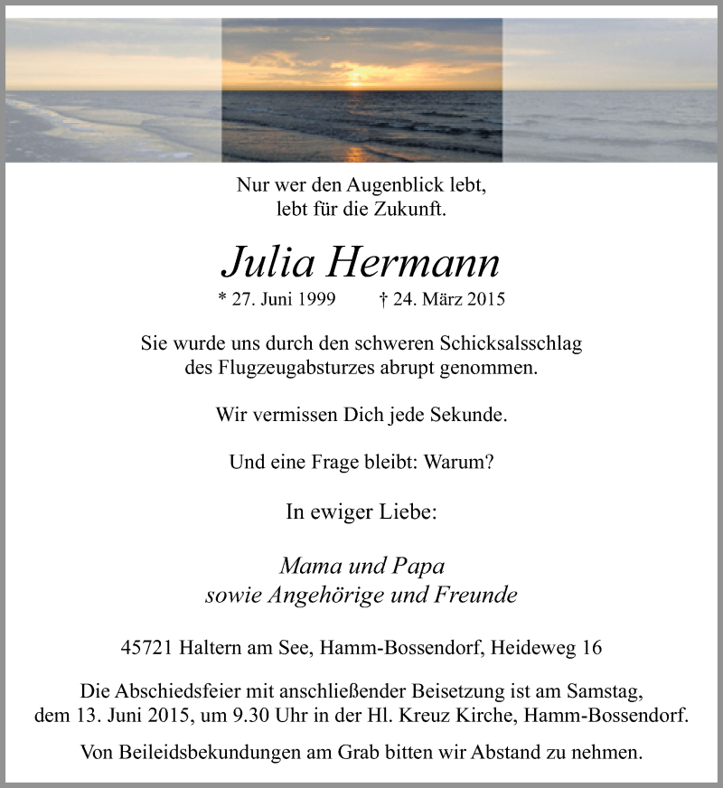  Traueranzeige für Julia Hermann vom 08.06.2015 aus Ruhr Nachrichten und Halterner Zeitung